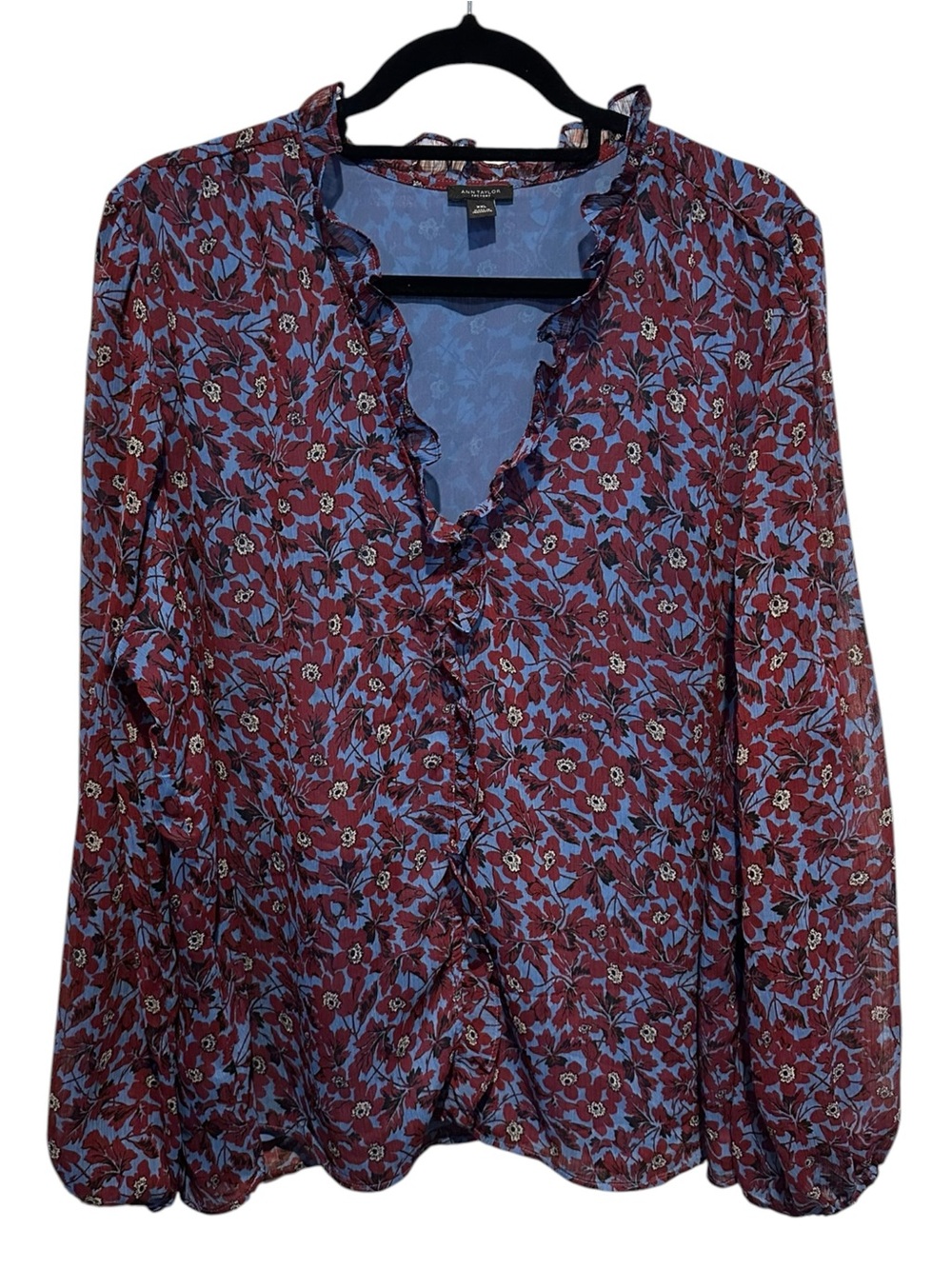 Ann Taylor Factory Ruffle V-Neck Floral Blouse - Burgundy & Blue
